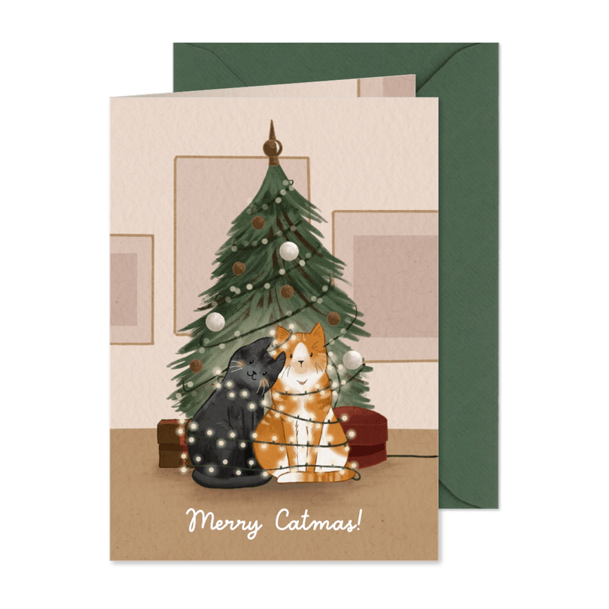 Kerstkaart met katten en kerstboom - Kaartimpressie