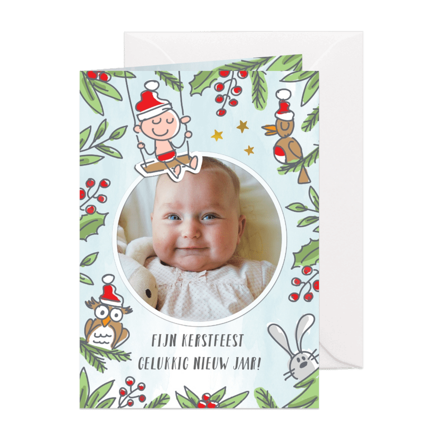 Kerstkaart met kerstbaby en vogel konijn en uil - Kaartimpressie