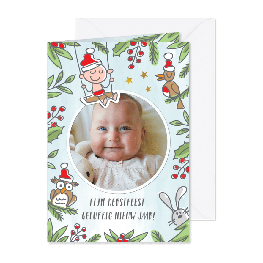 Kerstkaart met kerstbaby en vogel konijn en uil - Kaartimpressie