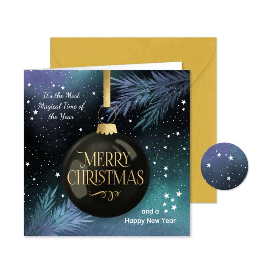 Kerstkaart met kerstbal in kerstboom takken - Kaartimpressie