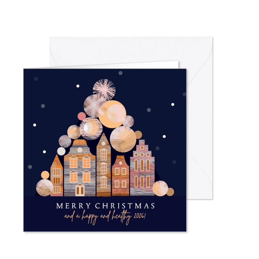 Kerstkaart met kerstballen en Amsterdam huisjes - Kaartimpressie