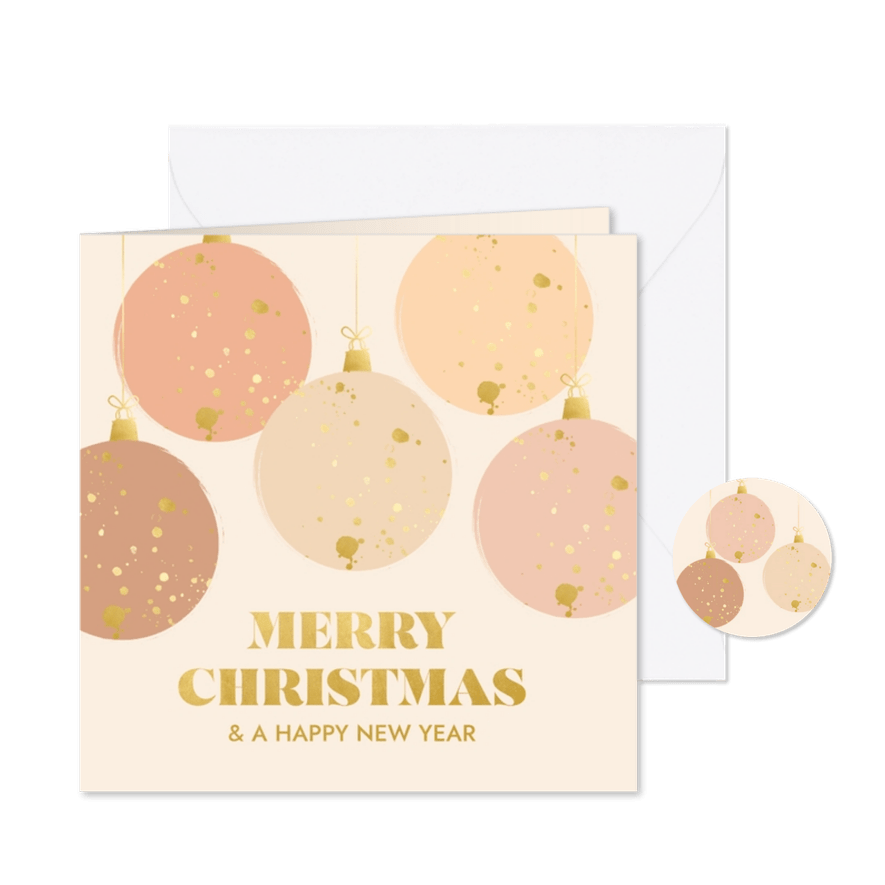 Kerstkaart met kerstballen in trendy kleuren en goudlook - Kaartimpressie
