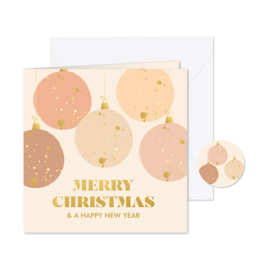 Kerstkaart met kerstballen in trendy kleuren en goudlook - Kaartimpressie
