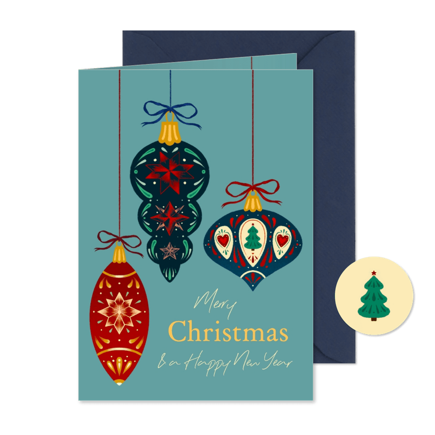 Kerstkaart met kerstballen met ornamenten - Kaartimpressie