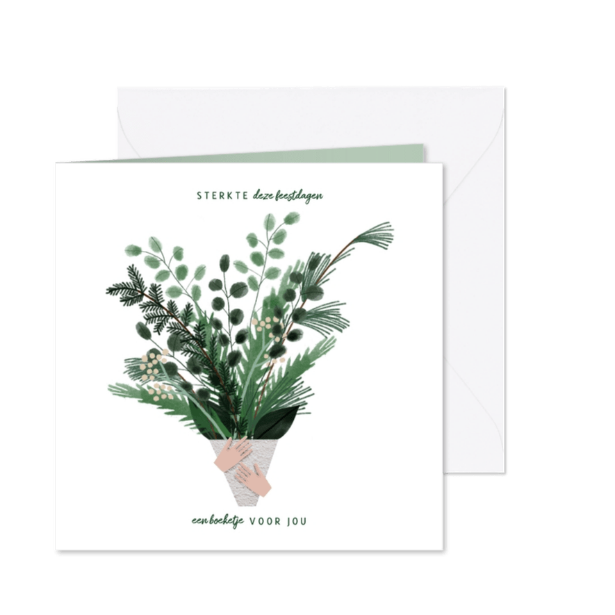 Kerstkaart met kerstboeket en sterkte wens - Kaartimpressie