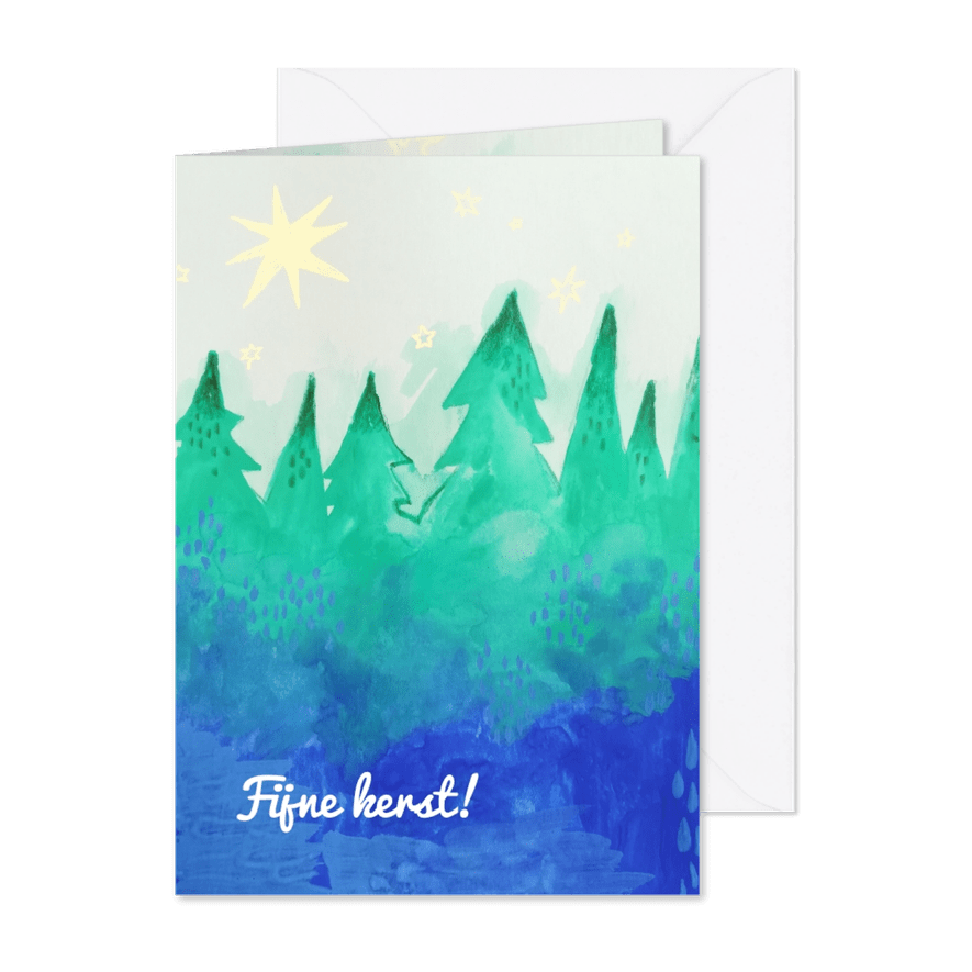 Kerstkaart met kerstbomen blauwgroen - Kaartimpressie