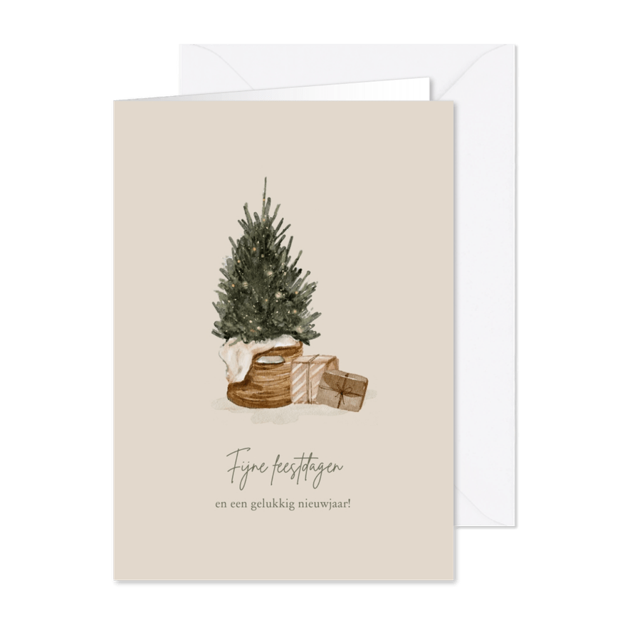 Kerstkaart met kerstboom en cadeautjes handgetekend - Kaartimpressie