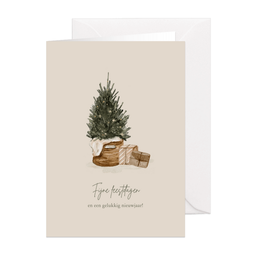 Kerstkaart met kerstboom en cadeautjes handgetekend - Kaartimpressie