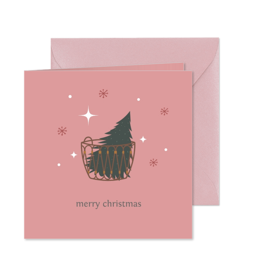 Kerstkaart met kerstboom in mand en sterren GHZ - Kaartimpressie