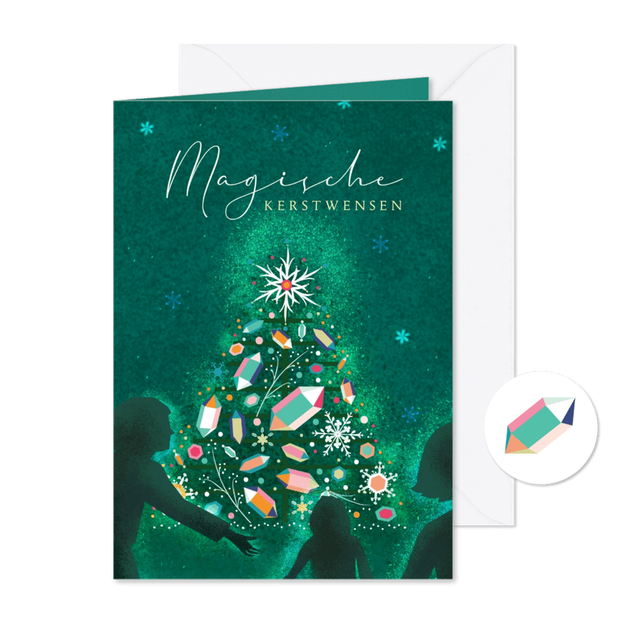 Kerstkaart met kerstboom met kristallen - Kaartimpressie