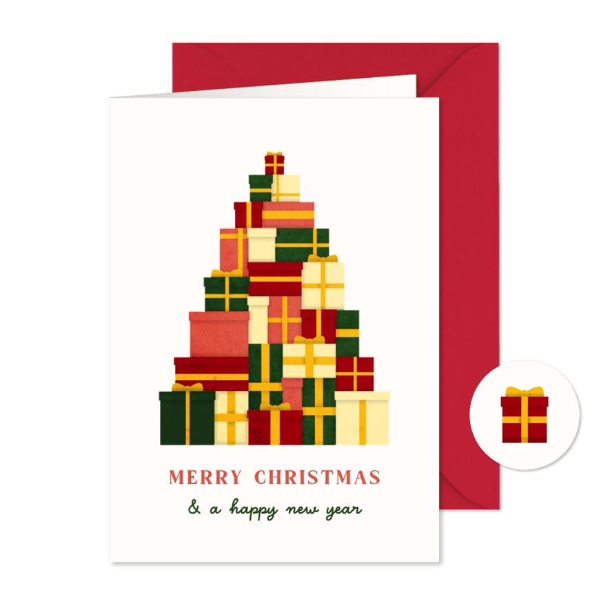 Kerstkaart met kerstboom van gekleurde cadeaus bonprix - Kaartimpressie