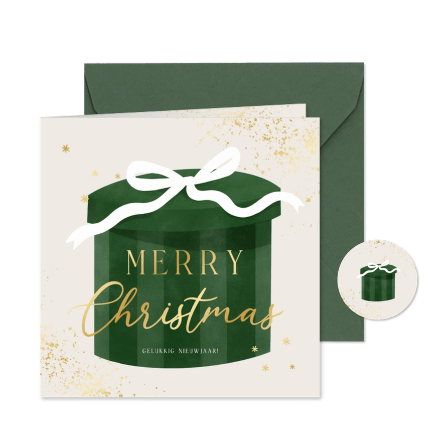 Kerstkaart met kerstcadeau strik en gouden spetters - Kaartimpressie
