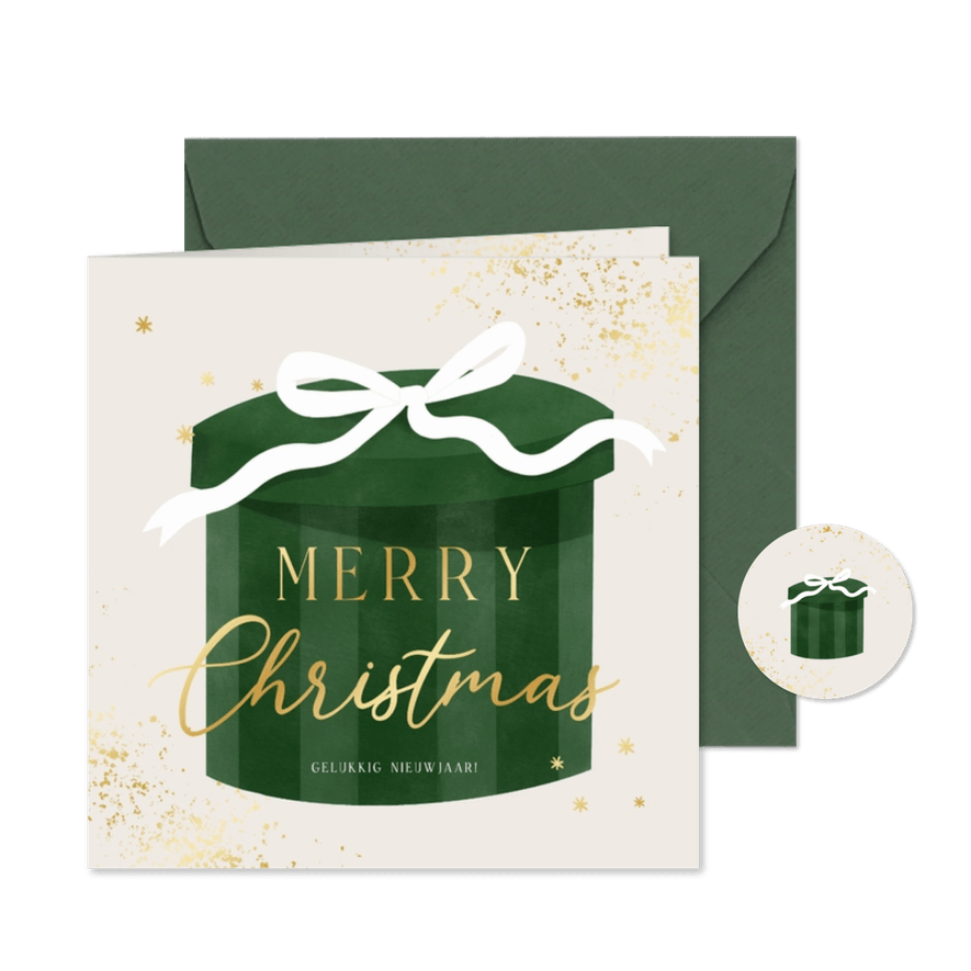 Kerstkaart met kerstcadeau strik en gouden spetters - Kaartimpressie
