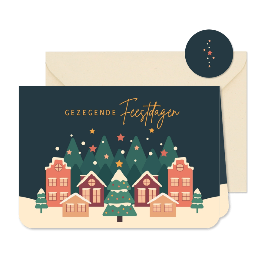 Kerstkaart met kerstdorp en versierde kerstboom - Kaartimpressie