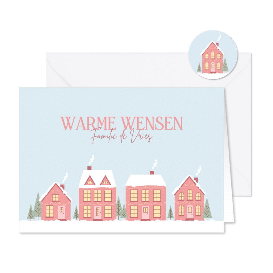 Kerstkaart met kerstdorpje in lichtblauw en roze - Kaartimpressie