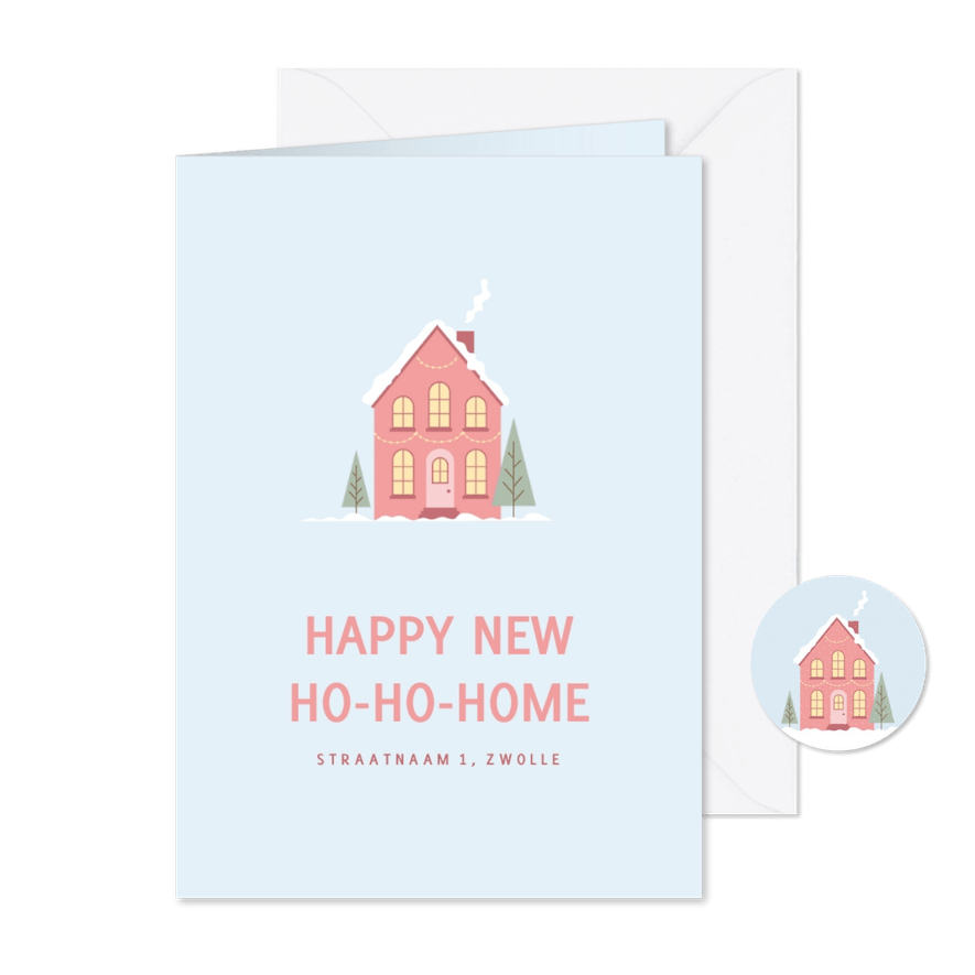 Kerstkaart met kersthuisje voor verhuizing - Kaartimpressie