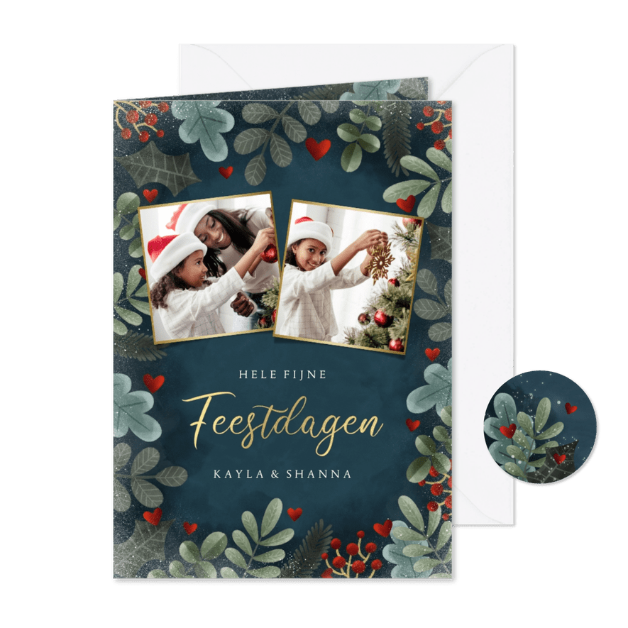 Kerstkaart met kerstkader, sneeuw, foto's fijne feestdagen - Kaartimpressie