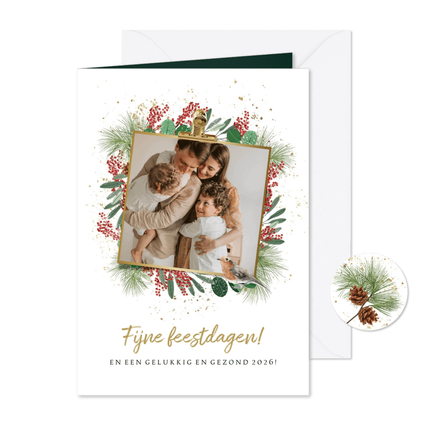 Kerstkaart met kerstkrans kersttakken vogeltje foto goud - Kaartimpressie