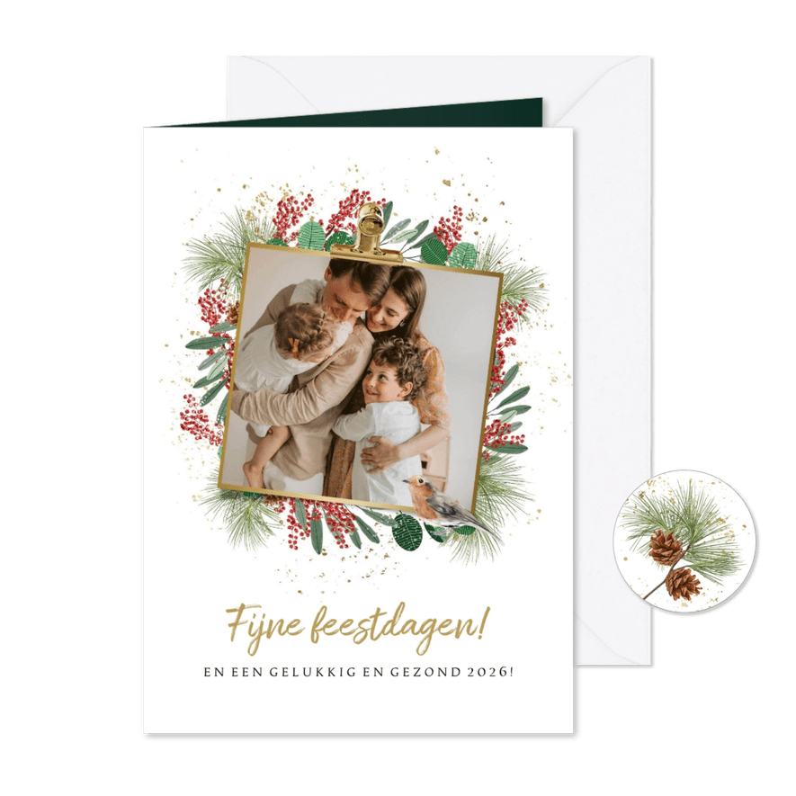 Kerstkaart met kerstkrans kersttakken vogeltje foto goud - Kaartimpressie