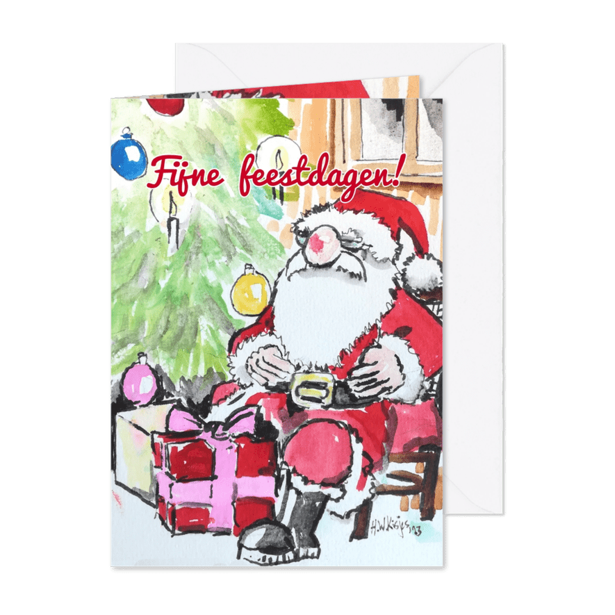 Kerstkaart met kerstman bij de boom - Kaartimpressie