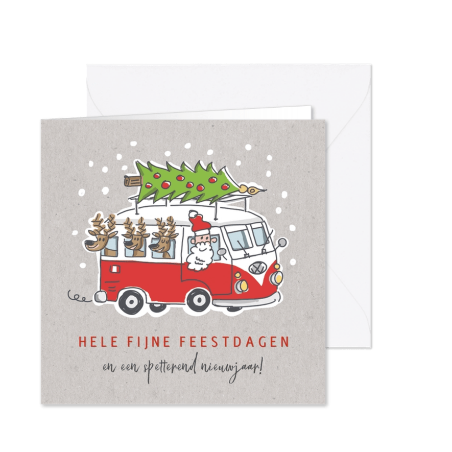 Kerstkaart met kerstman en 3 rendieren in vw busje - Kaartimpressie
