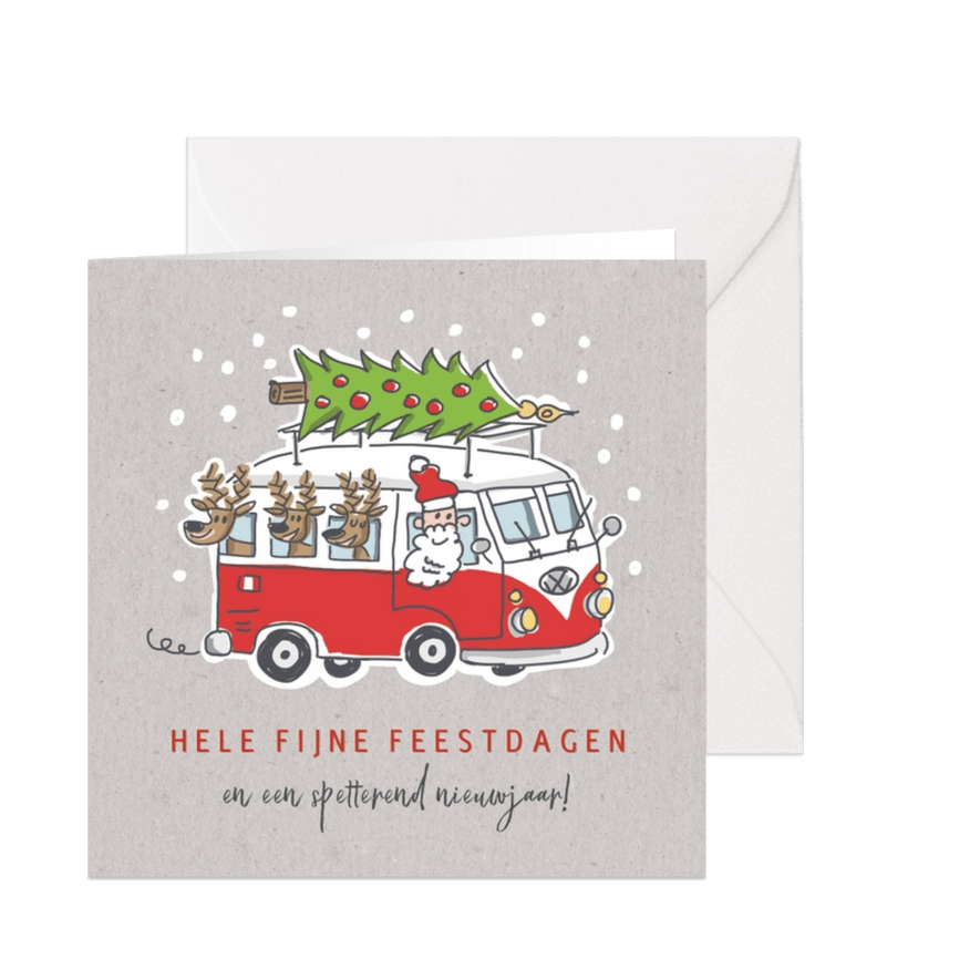 Kerstkaart met kerstman en 3 rendieren in vw busje - Kaartimpressie