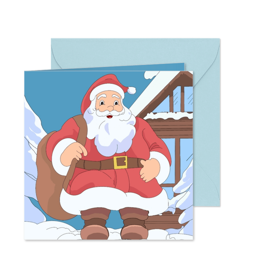 Kerstkaart met kerstman en huis - Kaartimpressie