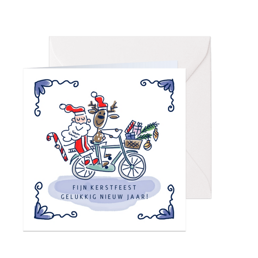 Kerstkaart met kerstman en rendier op de fiets - Kaartimpressie