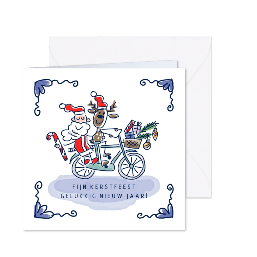 Kerstkaart met kerstman en rendier op de fiets - Kaartimpressie