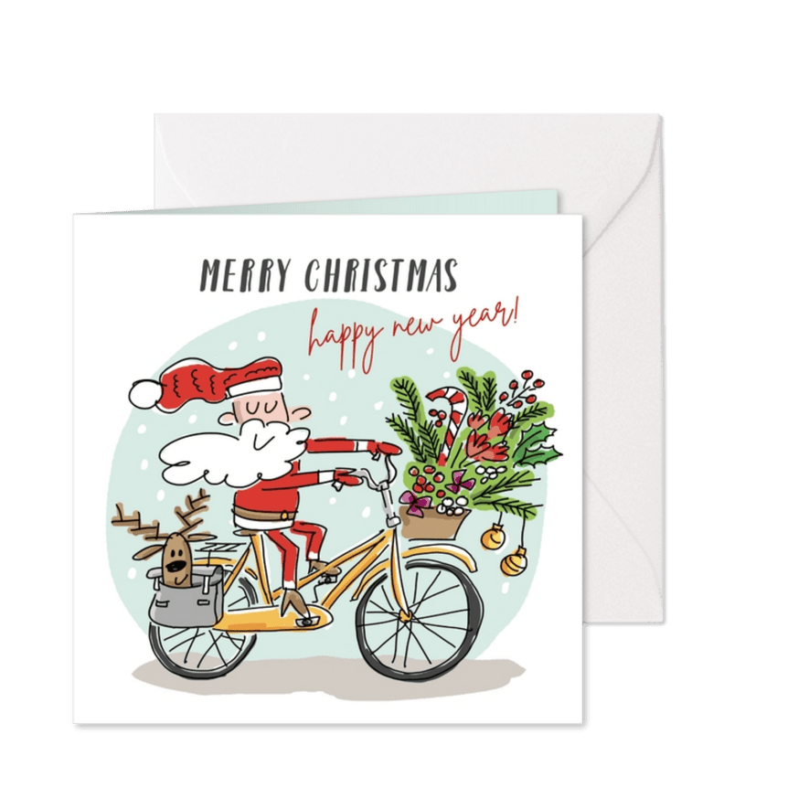 Kerstkaart met kerstman en rendier op fiets - Kaartimpressie