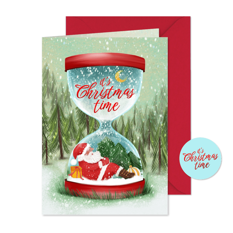 Kerstkaart met kerstman in zandloper - Kaartimpressie