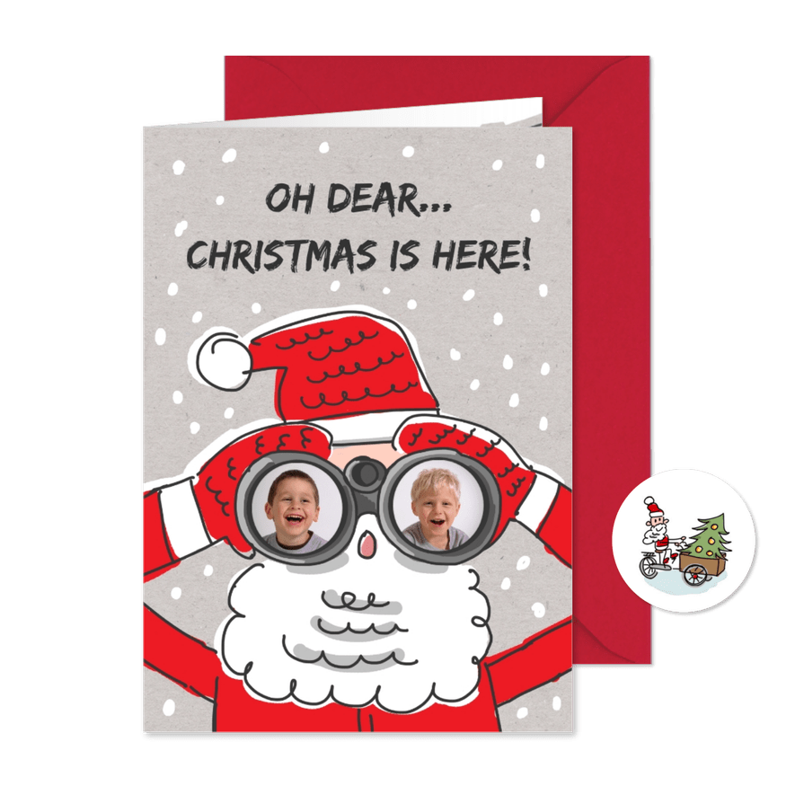 Kerstkaart met kerstman met verrekijker en foto's - Kaartimpressie