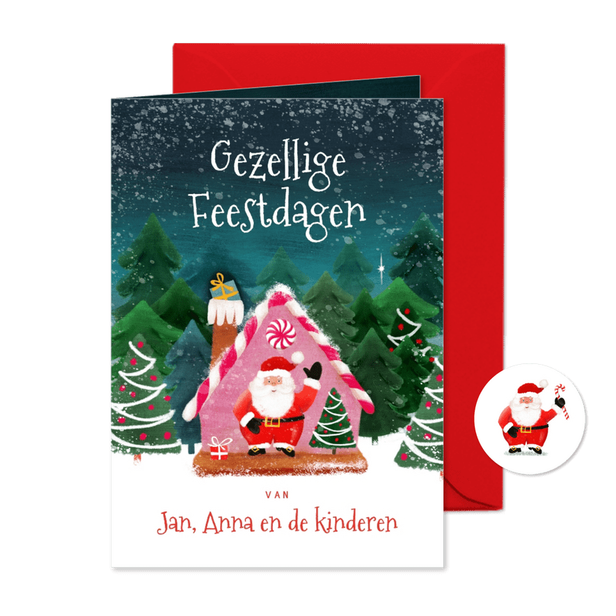 Kerstkaart met kerstman tussen kerstbomen - Kaartimpressie