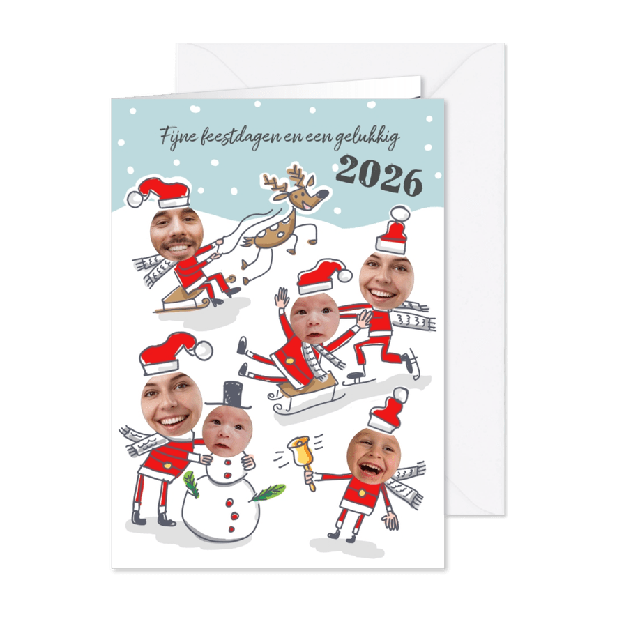 Kerstkaart met kerstmannen in de sneeuw met 6 foto's - Kaartimpressie