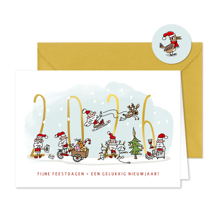 Kerstkaart met kerstmannetjes en 2026 - Kaartimpressie