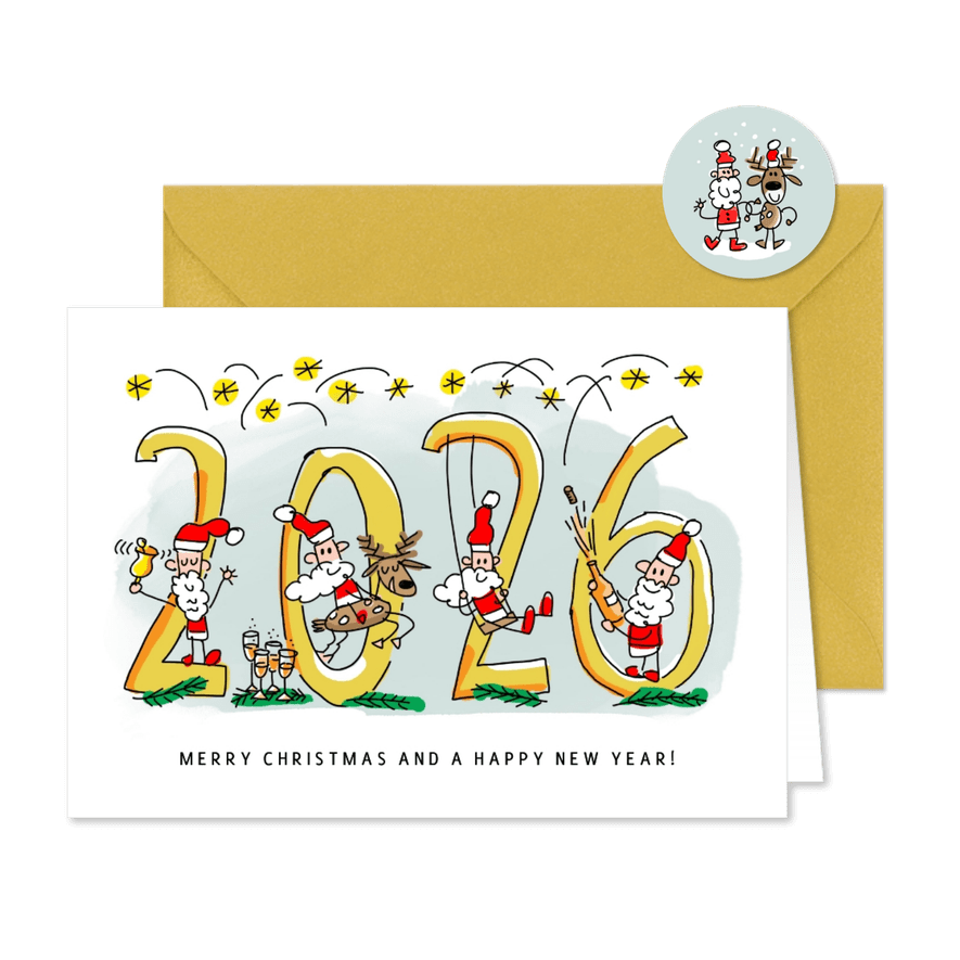 Kerstkaart met kerstmannetjes en jaartal 2026 - Kaartimpressie
