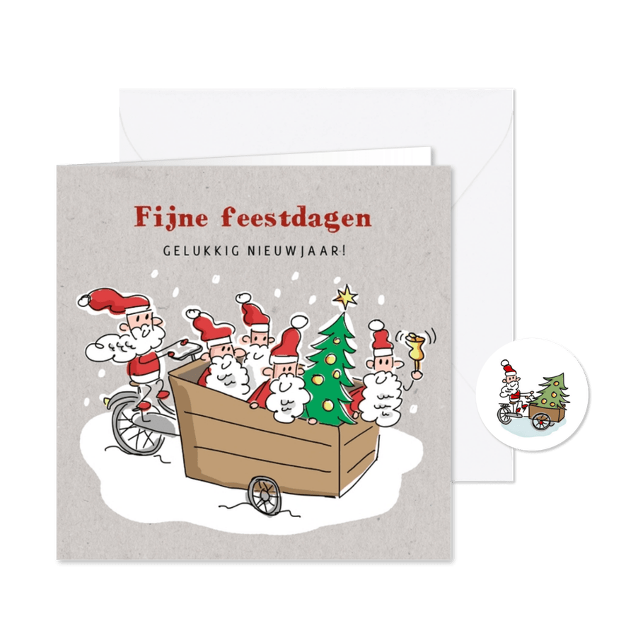 Kerstkaart met kerstmannetjes en kerstboom in bakfiets - Kaartimpressie
