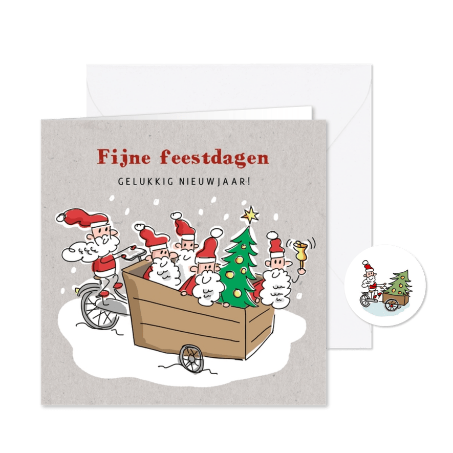 Kerstkaart met kerstmannetjes en kerstboom in bakfiets - Kaartimpressie