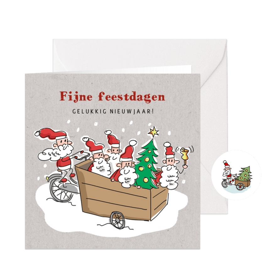 Kerstkaart met kerstmannetjes en kerstboom in bakfiets - Kaartimpressie