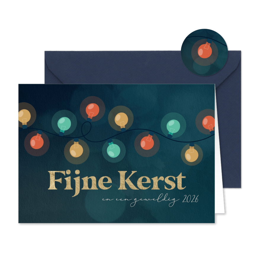 Kerstkaart met kleurrijk getekende lampjes - Kaartimpressie