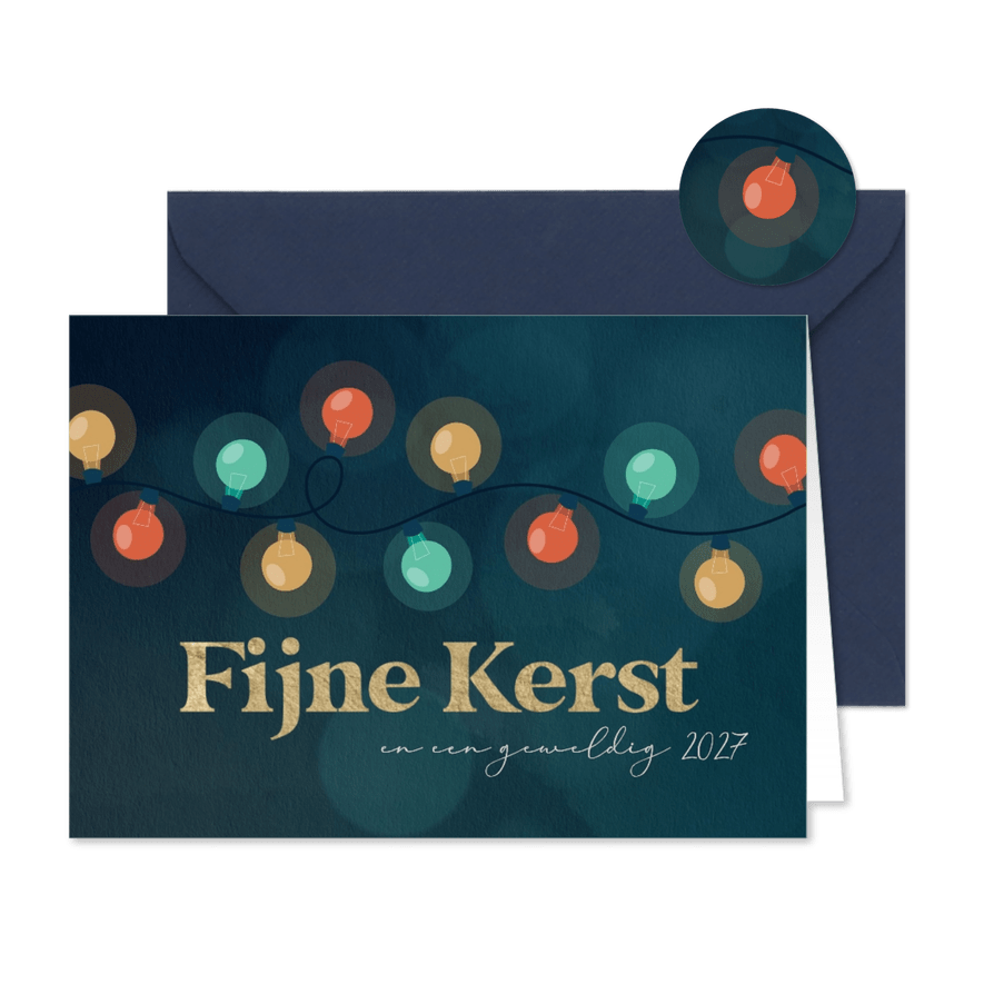 Kerstkaart met kleurrijk getekende lampjes - Kaartimpressie