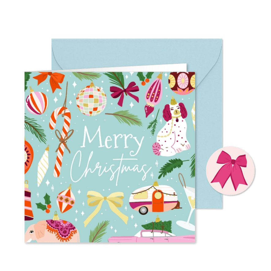 Kerstkaart met kleurrijke ornamenten - Kaartimpressie