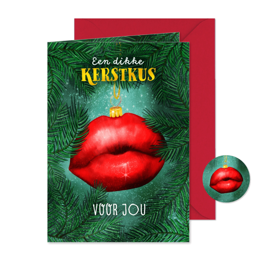 Kerstkaart met knalrode, zoenende lippen - Kaartimpressie