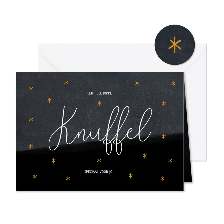 Kerstkaart met knuffel en gouden sterren - Kaartimpressie