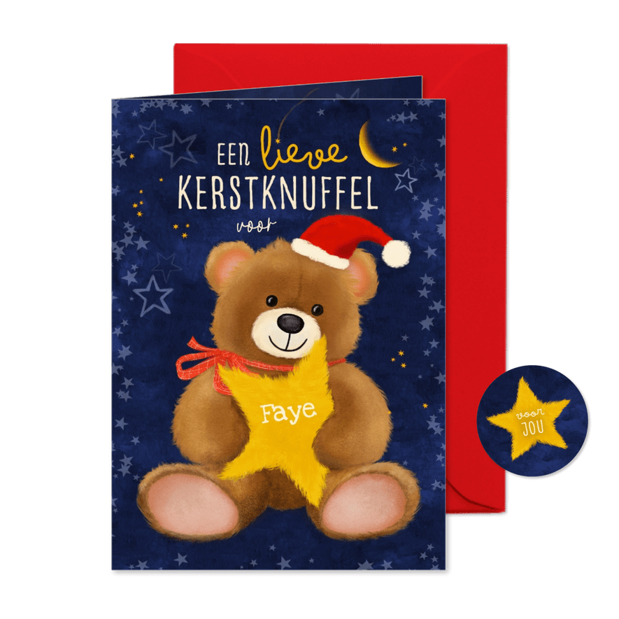 Kerstkaart met knuffelbeer en knuffelster - Kaartimpressie