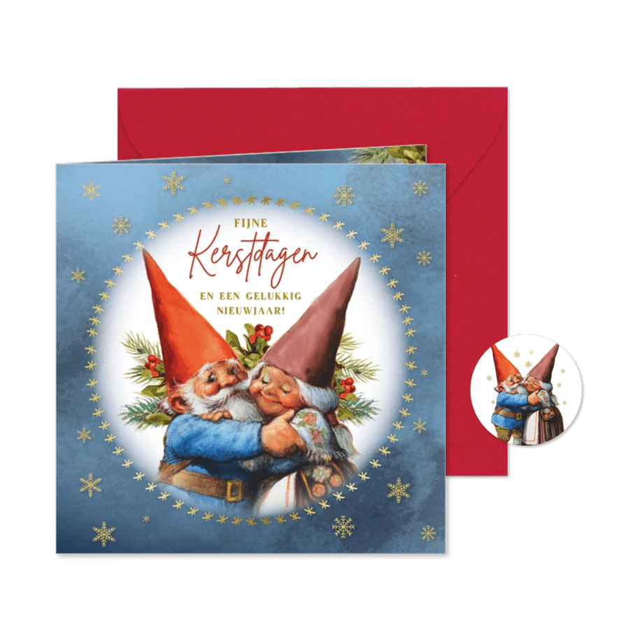 Kerstkaart met knuffelende kabouters in cirkel - Kaartimpressie