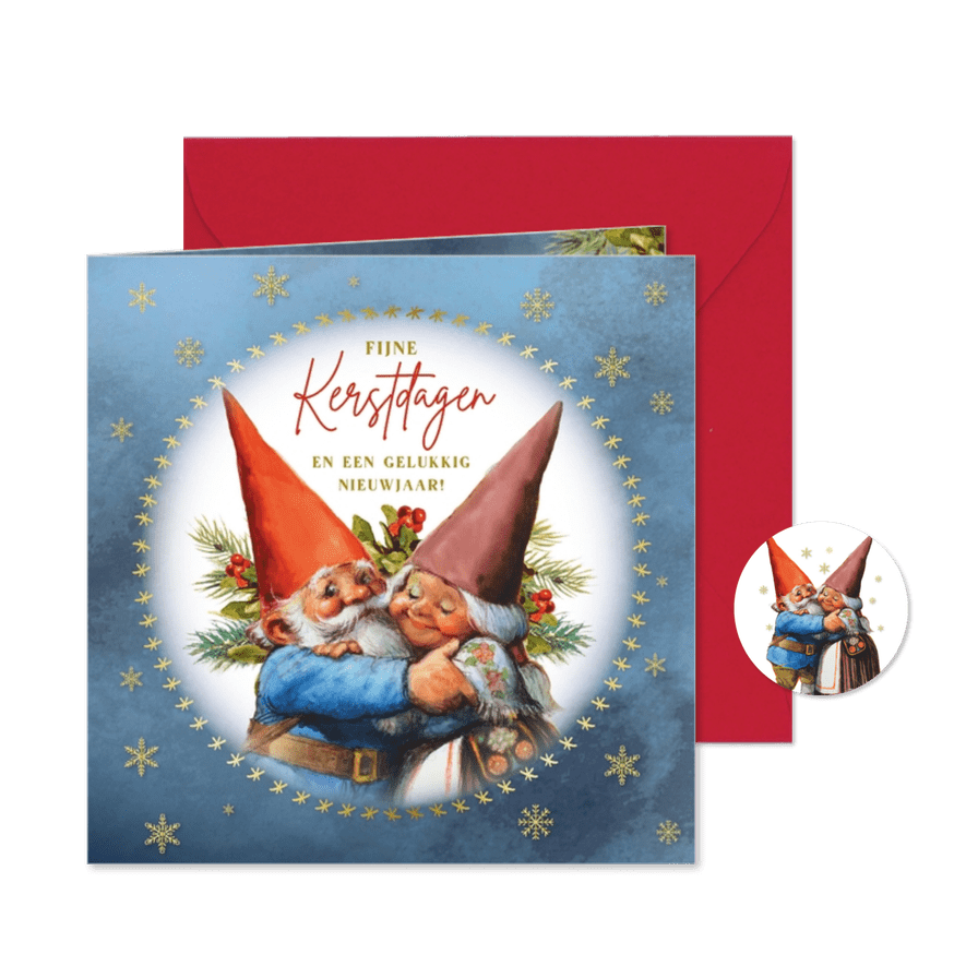 Kerstkaart met knuffelende kabouters in cirkel - Kaartimpressie