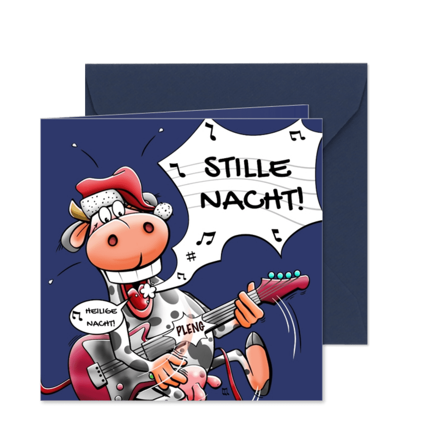 Kerstkaart met koe en rode gitaar die op zijn hardst zingt - Kaartimpressie