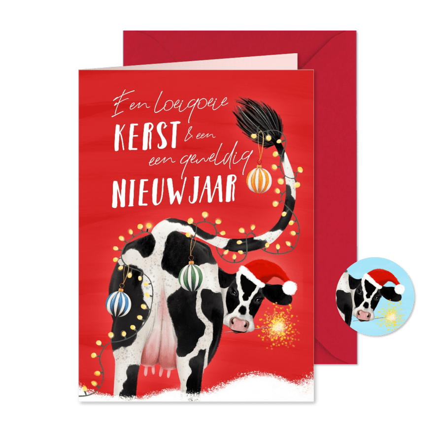Kerstkaart met koe en veel lichtjes - Kaartimpressie