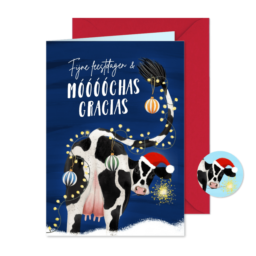 Kerstkaart met koe lichtjes en kerstballen - Kaartimpressie